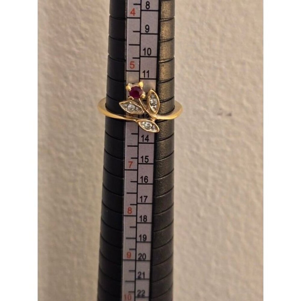 Vintage Gold Floral Ring with Ruby and Marquise-Cut Clear Stones, Size 6